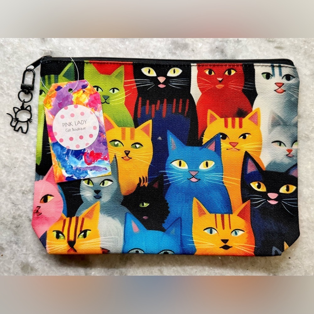 New Colorful Cats Makeup Tech Pencil Zippered Pouch Bag w/ Cat Charm - 9” - Picture 7 of 7